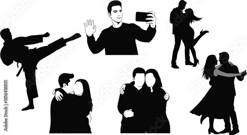 Silhouette vector illustration of karate kick, selfie portrait, romantic couples embracing, dancing, and expressing love in black and white style