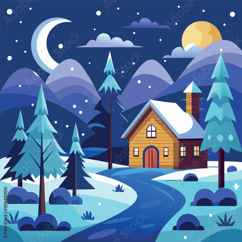 Cozy winter cabin in a snowy landscape, glowing windows, pine trees, mountains, moonlit night sky, falling snow, colorful vector illustration
