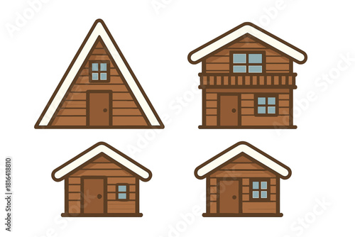 Four different wooden winter cabins and ski resort lodges with snow on the roof isolated on white background
