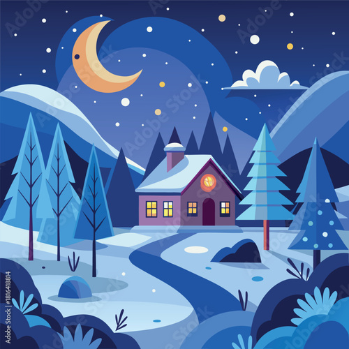 Cozy winter cabin in a snowy landscape, glowing windows, pine trees, mountains, moonlit night sky, falling snow, colorful vector illustration