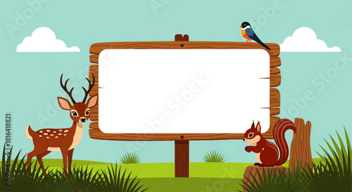 Forest Animals with Blank Sign on Transparent Background