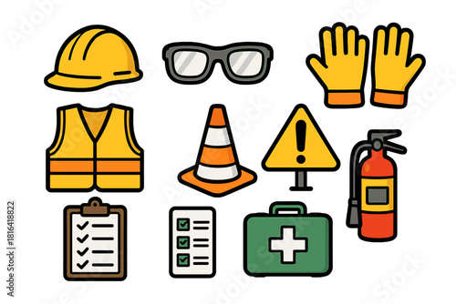 Collection of essential personal protective equipment and occupational safety tools
