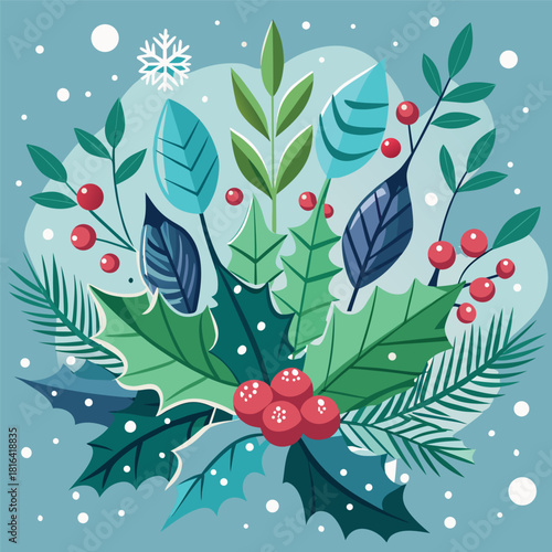 Cozy winter cabin in a snowy landscape, glowing windows, pine trees, mountains, moonlit night sky, falling snow, colorful vector illustration