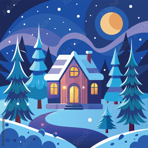Cozy winter cabin in a snowy landscape, glowing windows, pine trees, mountains, moonlit night sky, falling snow, colorful vector illustration