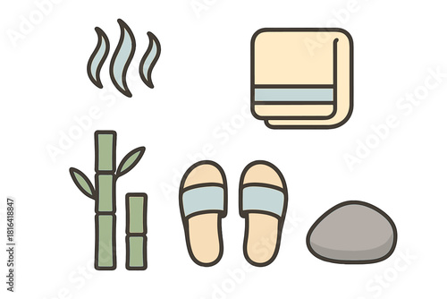 Essential wellness and relaxation symbols featuring bamboo stalks, rising steam, folded towel, slippers, and smooth stone