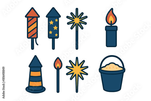 Collection of fireworks rockets, sparklers, burning candle, and safety sand bucket
