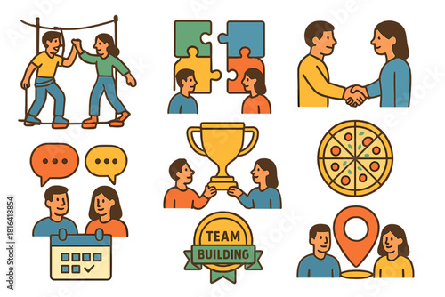 Business icons representing team building, cooperation, partnership, and success activities