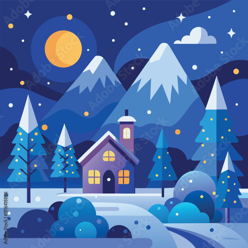 Cozy winter cabin in a snowy landscape, glowing windows, pine trees, mountains, moonlit night sky, falling snow, colorful vector illustration