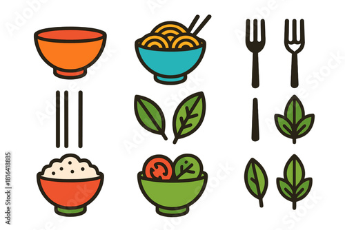 Colorful food and dining symbols set featuring bowls, noodles, rice, salad, and cutlery
