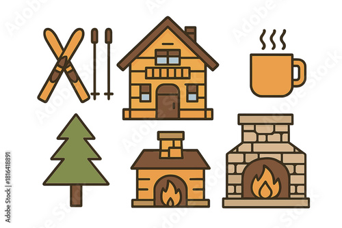 Cozy winter vacation elements including ski lodge, hot drink, pine tree, and fireplaces