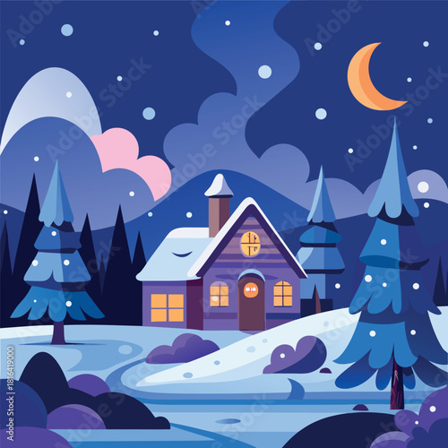 Cozy winter cabin in a snowy landscape, glowing windows, pine trees, mountains, moonlit night sky, falling snow, colorful vector illustration