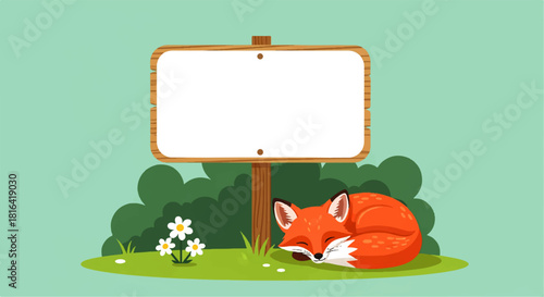 Sleeping Fox Cartoon Illustration with Signboard