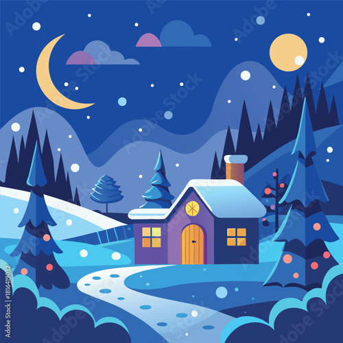 Cozy winter cabin in a snowy landscape, glowing windows, pine trees, mountains, moonlit night sky, falling snow, colorful vector illustration