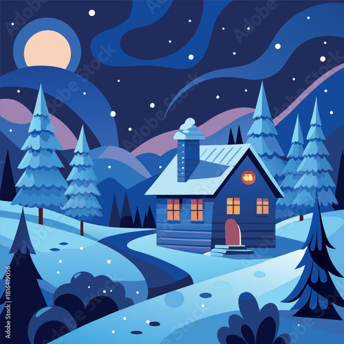 Cozy winter cabin in a snowy landscape, glowing windows, pine trees, mountains, moonlit night sky, falling snow, colorful vector illustration