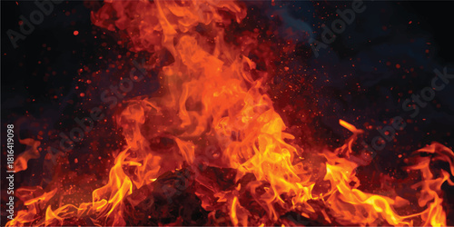 Flickering flames of a cozy fireplace casting light on a black background