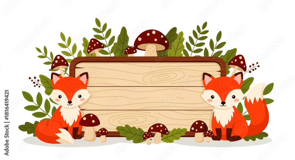 Fototapeta premium Cute Foxes and Mushrooms Wooden Signboard with Transparent Background