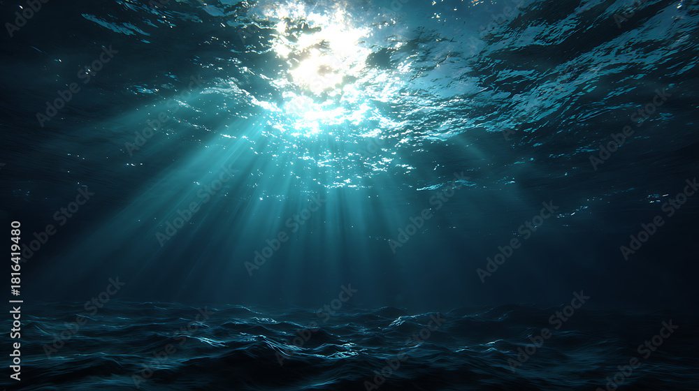 Obraz premium Deep ocean blue light rays shining through water surface underwater