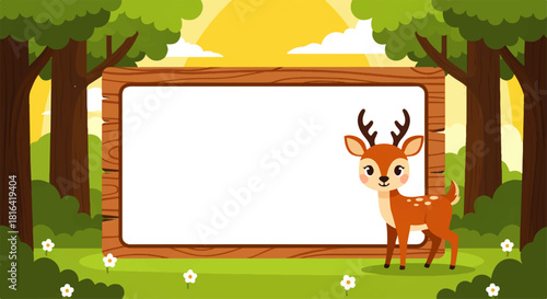 Cartoon Deer Standing Next to a Wooden Frame in a Forest