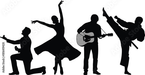 Silhouette vector illustration of dramatic pose, ballet dancer, guitarist performance, and martial arts kick in expressive black and white style