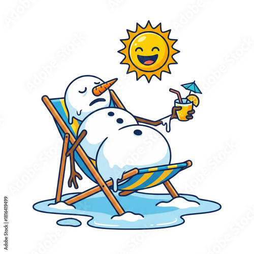 Whimsical cartoon illustration of a snowman slowly melting in a beach chair, happily sipping a cold drink under a scorching sun, a humorous depiction of summer relaxation and hot weather paradox