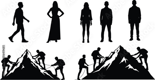 Silhouette vector illustration of standing people and mountain climbers ascending peaks with ropes in expressive black and white outdoor scene