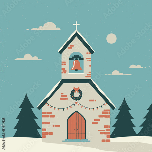 A charming illustration of a snow-covered church decorated for Christmas, featuring a bell tower, wreath, and string lights, set against a winter sky with pine trees.