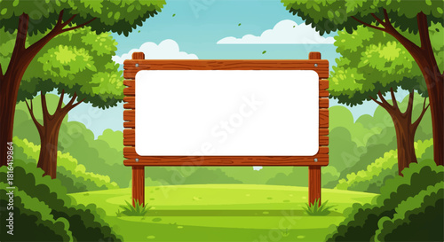 Cartoon Wood Sign in Forest Landscape