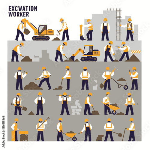 Detailed set of flat design illustrations showing construction workers engaged in excavation and building activities with various tools and machinery.