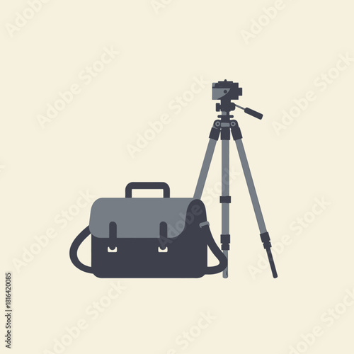 Flat illustration of a dark grey camera bag and a tripod on a light beige background, representing photography equipment.