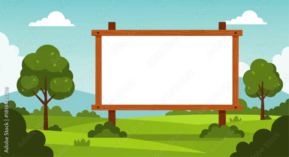 Fototapeta premium Cartoon Landscape with Wooden Sign