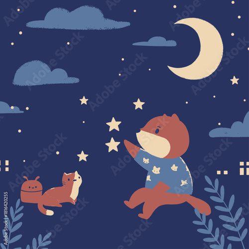 A whimsical cartoon illustration of a fox-like animal in pajamas reaching for stars with a cat-like friend under a crescent moon at night.