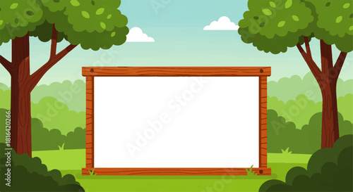 Cartoon Forest Scene with Blank Wooden Sign
