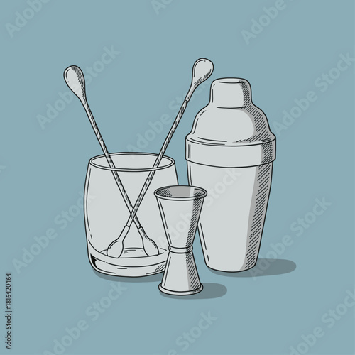 Detailed illustration of cocktail making tools including a shaker, jigger, mixing glass, and bar spoons on a light blue background.