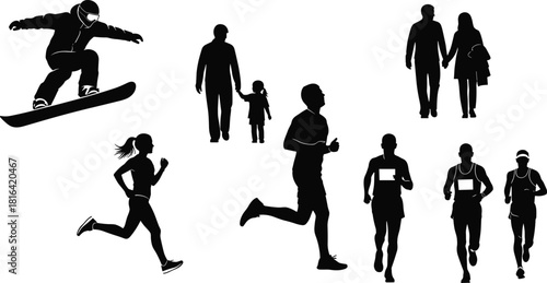 Silhouette vector set of active people including runners, snowboarder, family walking, couple strolling, and fitness lifestyle in outdoor movement