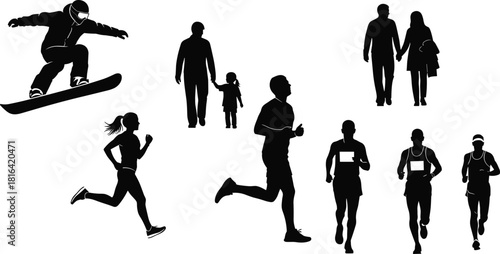 Silhouette vector set of active people including runners, snowboarder, family walking, couple strolling, and fitness lifestyle in outdoor movement scene