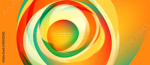 Abstract circular design. Vibrant layers create dynamic, flowing visual effect. Orange, yellow, green hues dominate composition. Modern aesthetic.