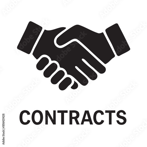 A simple black and white illustration depicting a handshake alongside the word contracts in bold lettering