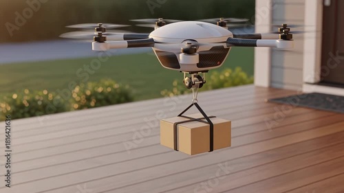 Futuristic white delivery drone picking up cardboard box package from house porch to return it