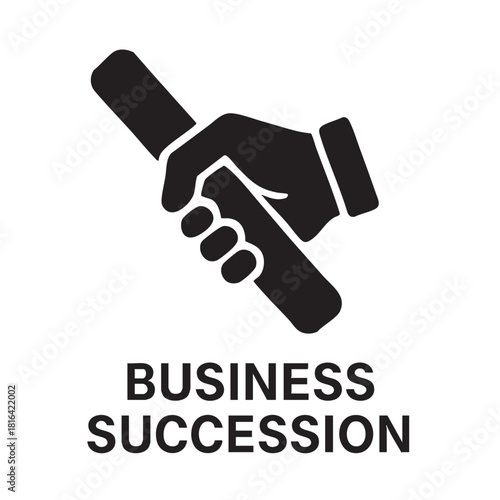A black and white illustration depicting a hand passing a baton to another symbolizing business succession