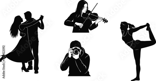 Silhouette vector set of dancing couple, violinist, photographer, yoga pose, creative hobbies, lifestyle activities, expressive art, black icons