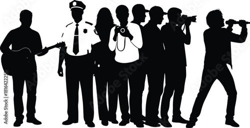 Silhouette vector set of diverse professionals including musicians, police, photographers, reporters, and filmmakers in creative media and public service roles