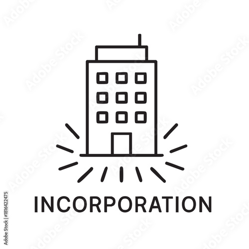 A simple black and white line drawing depicts a tall building with rays of light emanating from it and the