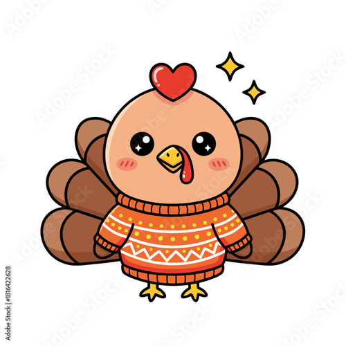 Cute cartoon turkey vector illustration in a festive sweater, perfect for autumn and Thanksgiving holiday designs