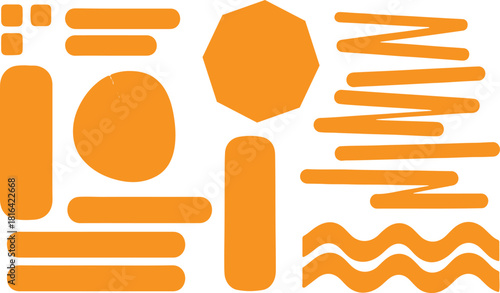 Abstract orange shapes and lines arranged on a white background