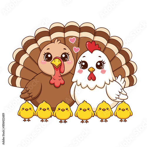 Whimsical cartoon illustration of a happy poultry family, with a loving turkey, hen, and their six cute chicks