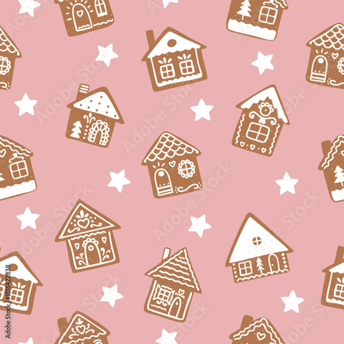 Seamless pattern of cute Christmas gingerbread houses and white stars.