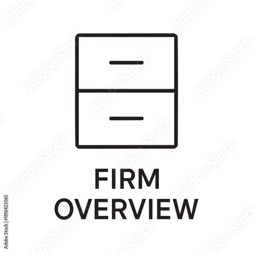 a simple black and white line drawing depicts a chest of drawers with the word firm overview below