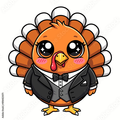 Adorable cartoon turkey in a sharp tuxedo and bow tie, with big charming eyes, perfect for festive illustrations