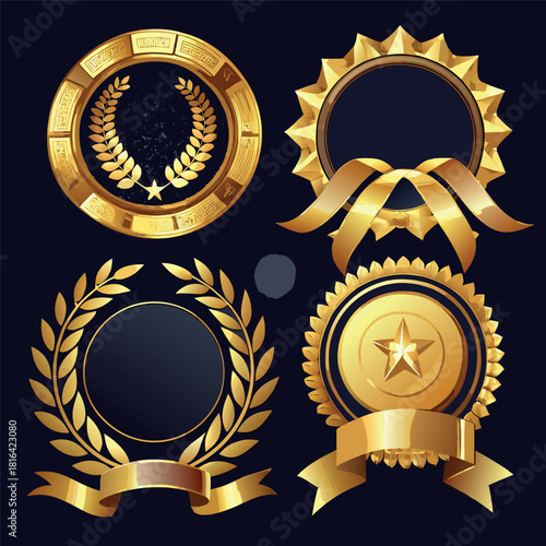 Luxury golden royal badge emblem, black background, gold wreath, crown icon, shiny metallic effect, elegant premium logo style