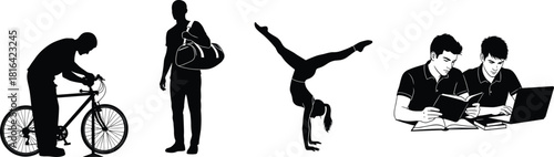 Silhouette vector set of people doing bicycle maintenance, carrying gym bag, handstand gymnastics, and collaborative study with book and laptop